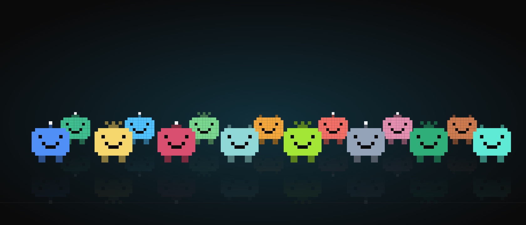 The twenty coworkers as pixel characters, each in its accent color